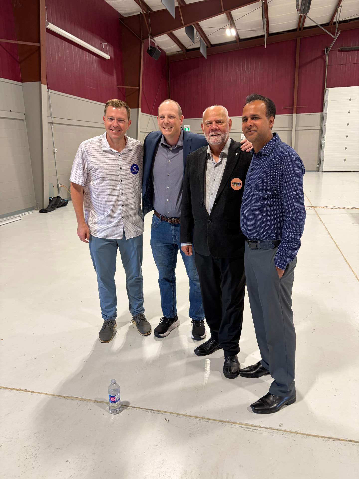 Earl Storey with fellow candidates Jared White, Amritpal Mund and Eric Nyvall after the School Trustee Candidate Meet & Greet at the Cadet Hall